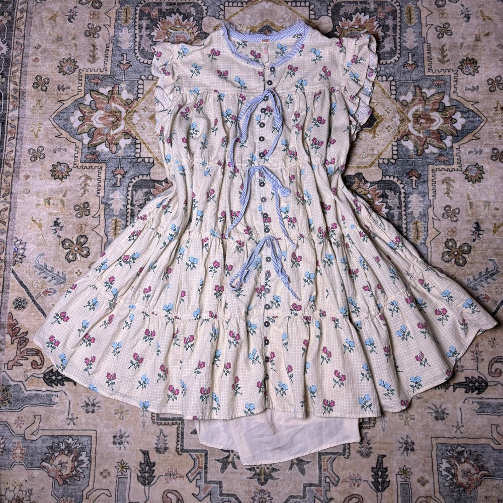 Free People Floral Cross Stitch Tiered Mini Dress Cream Boho Medium Cottage Core - Picture 1 of 16